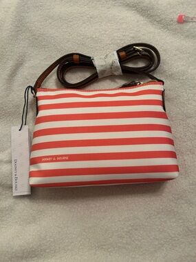 Dooney & Bourke Coral & White Striped Crossbody with Brown Strap